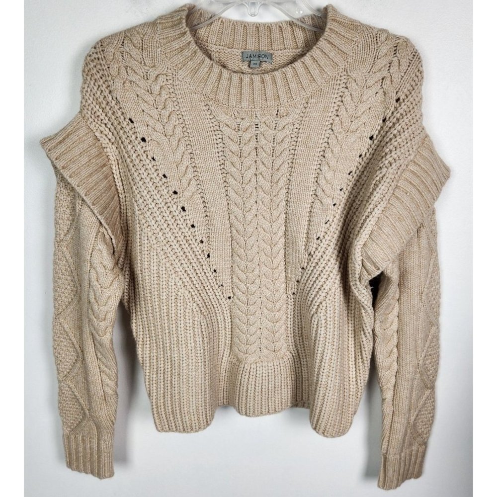 Jamison Women's Sz. XS Beige Cable Knit Ruffle Shoulder Sweater